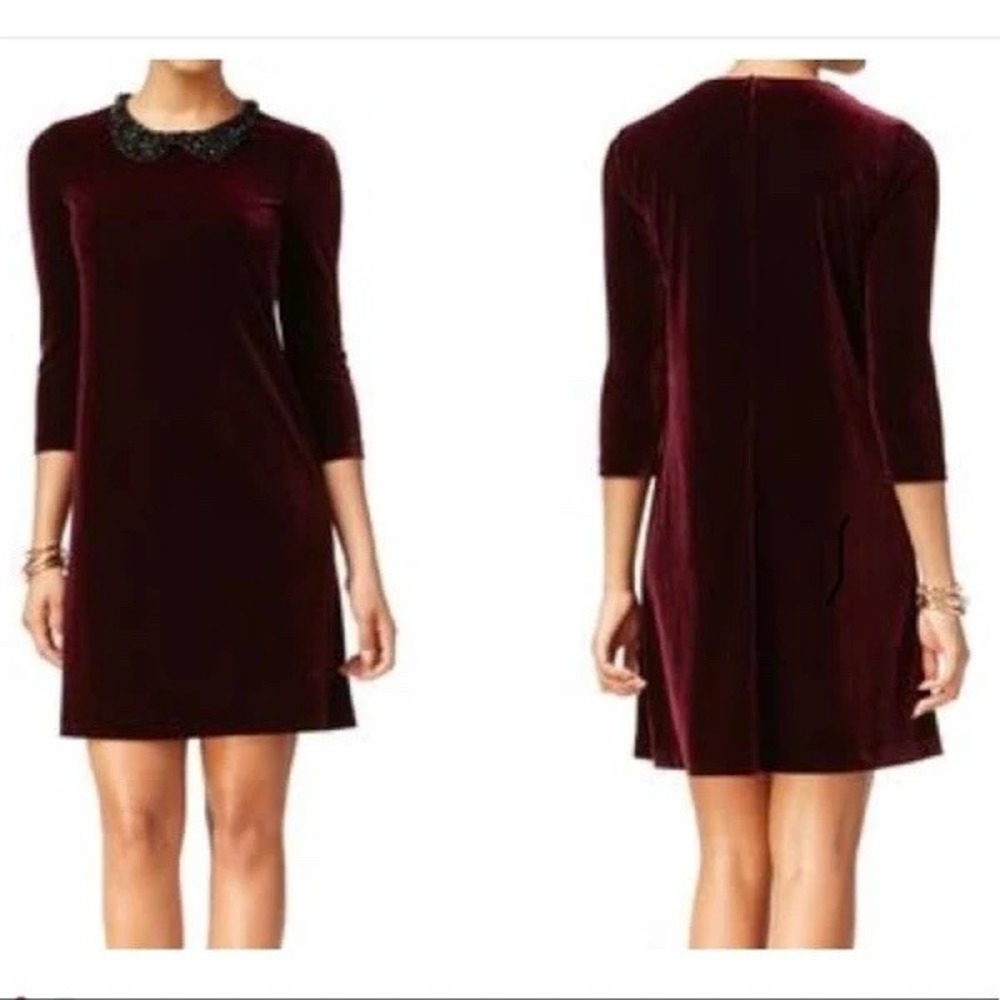 Betsey Johnson Burgundy Velvet Beaded Peter Pan Collar Shift Dress SZ 6  Whimsi